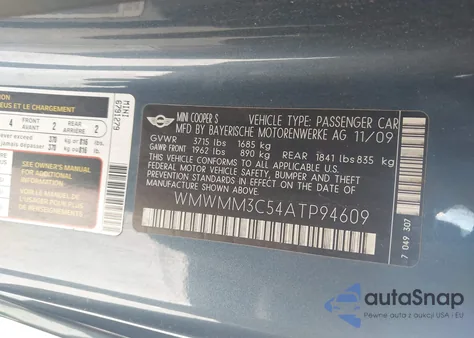 2010 Mini Cooper S Clubman z USA, uszkodzony, nr VIN WMWMM3C54ATP94609